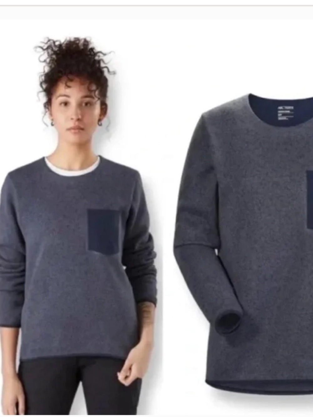 Arc'teryx Women's Crew Sweater in Heather Gray with Navy Pocket